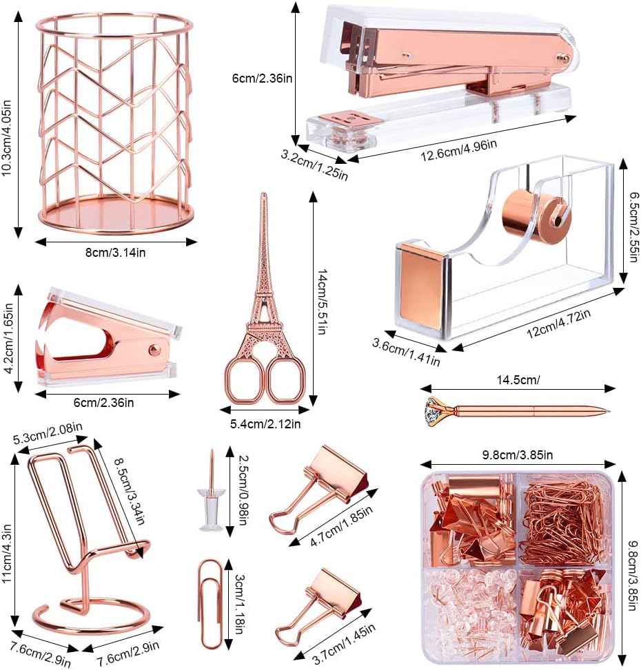 Rose Gold Office Supplies and Accessories, Acrylic Stapler, Staple Remover, Tape Dispenser, Pen Holder, Phone Holder, Scissors, Paper Clips, Binder Clips, 2 Pen and 1000 pcs Staples - Image 2